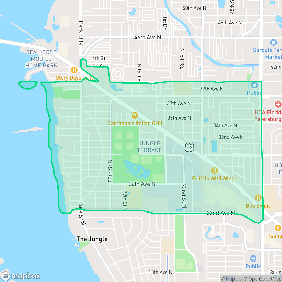 Map showing the location of Jungle Terrace, St. Petersburg, FL