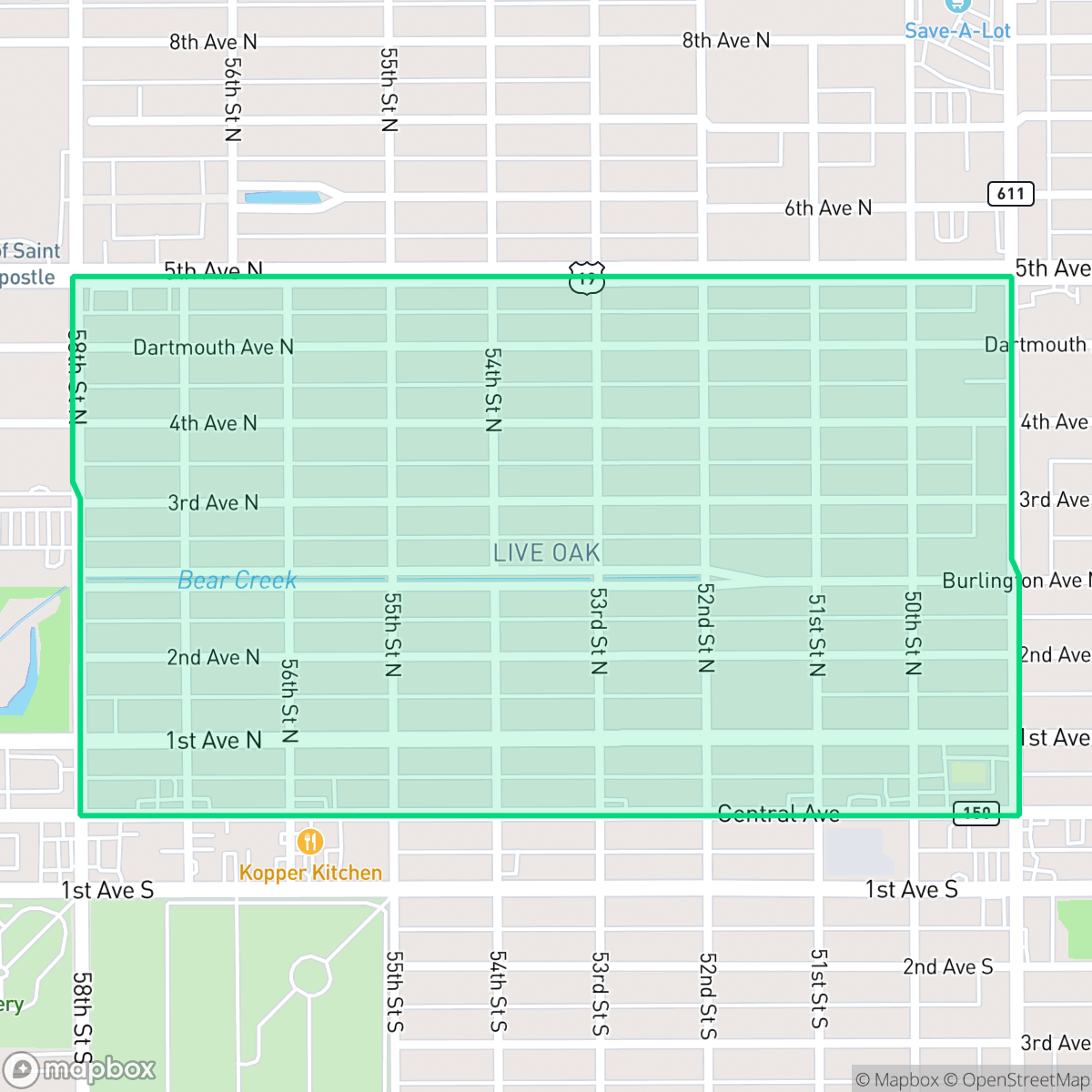 Map showing the location of Live Oak, St. Petersburg, FL