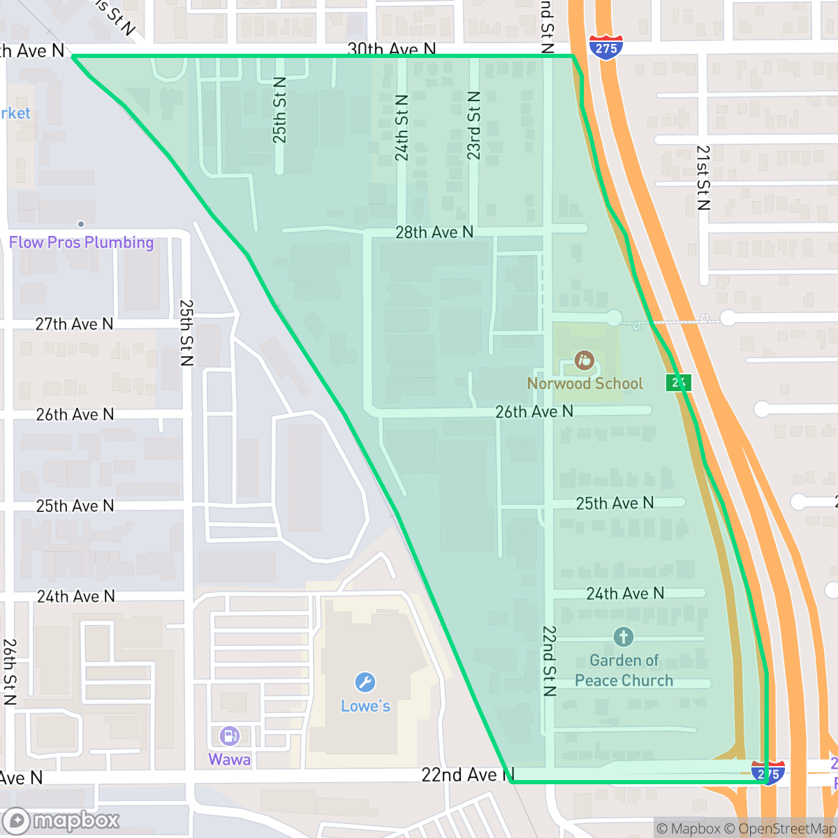 Map showing the location of Norwood Heights, St. Petersburg, FL