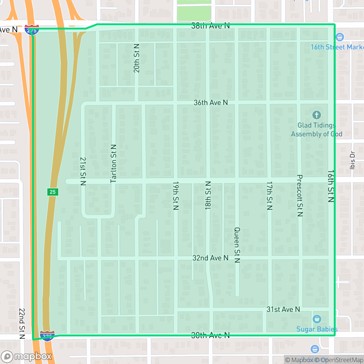 Map showing the location of Oakwood Gardens, St. Petersburg, FL