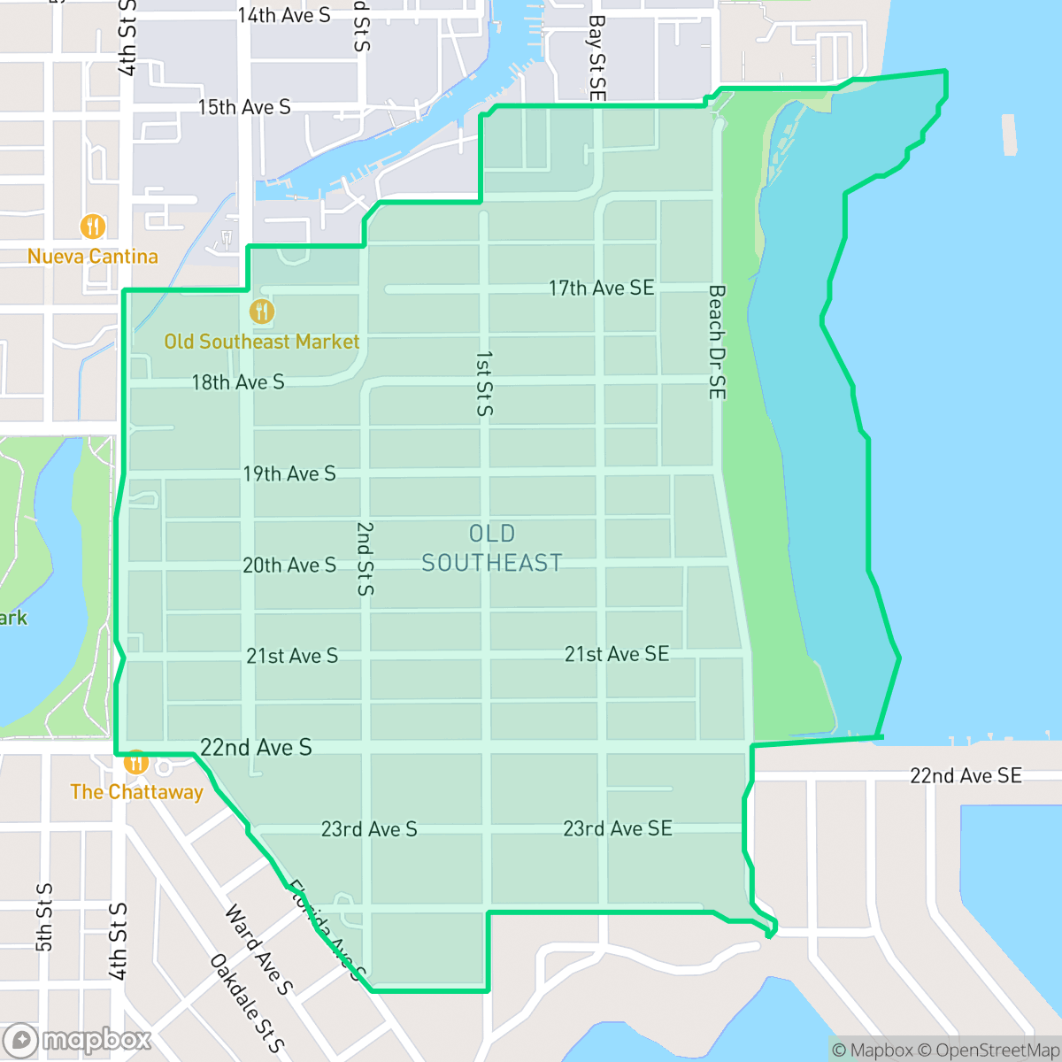 Map showing the location of Old Southeast, St. Petersburg, FL