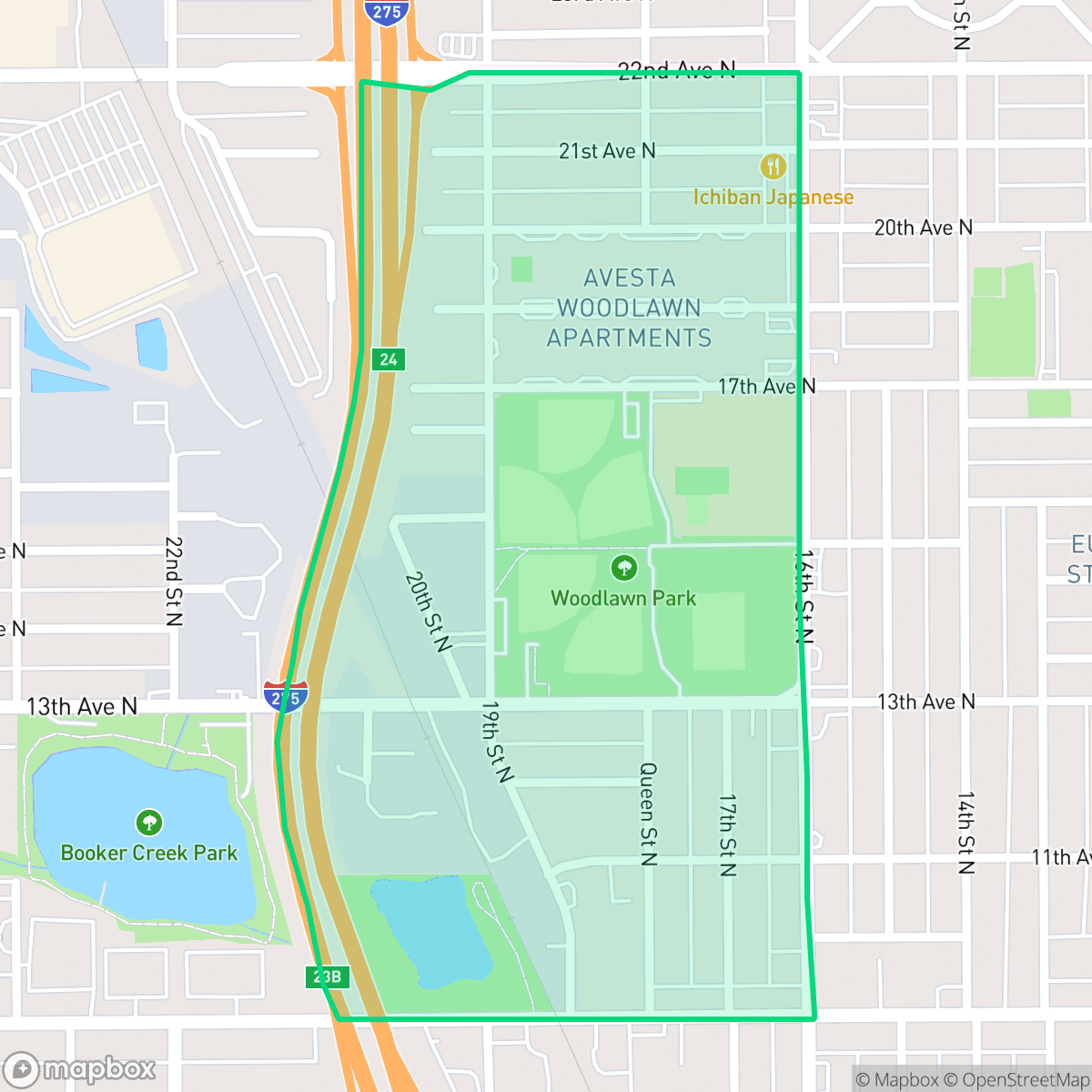 Map showing the location of Woodlawn Oaks, St. Petersburg, FL