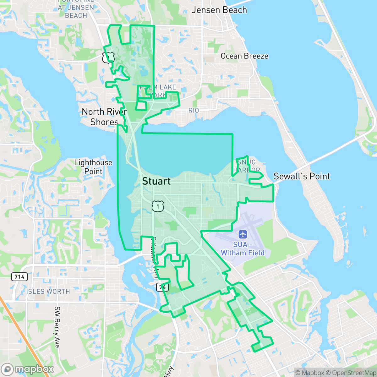 Map showing the location of Stuart, FL — coverage area