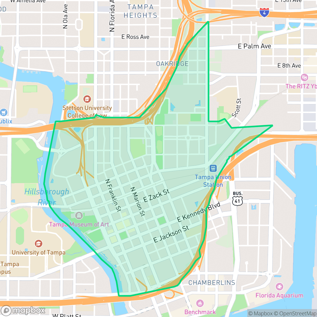 Map showing the location of Downtown, Tampa, FL
