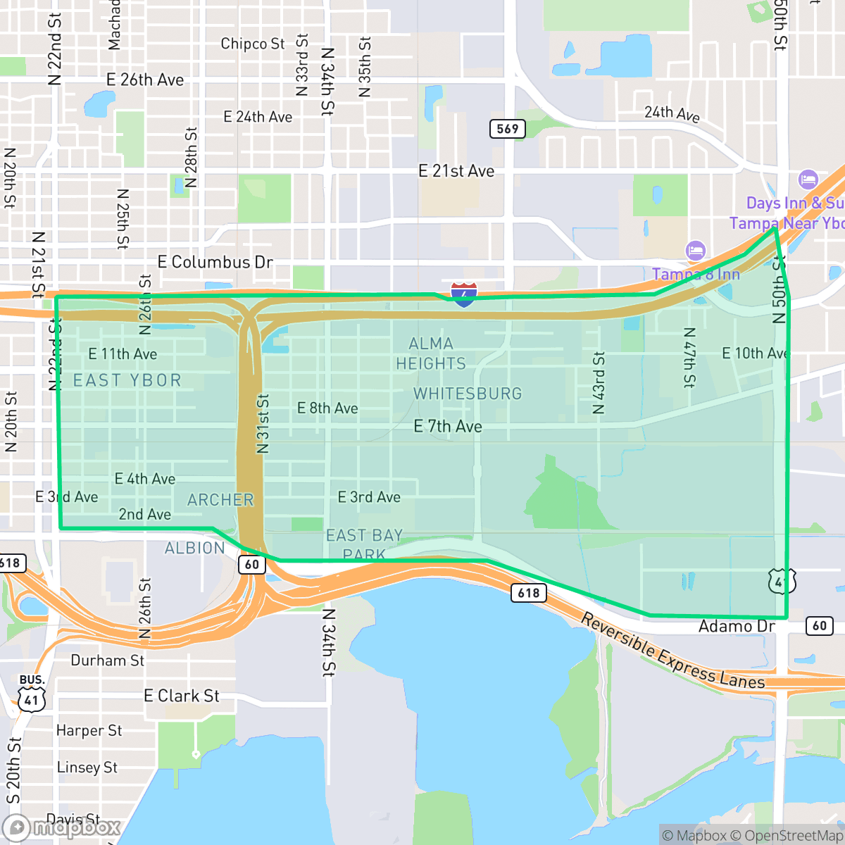 Map showing the location of East Ybor, Tampa, FL