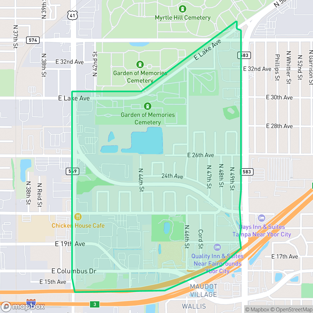 Map showing the location of Highland Pines, Tampa, FL