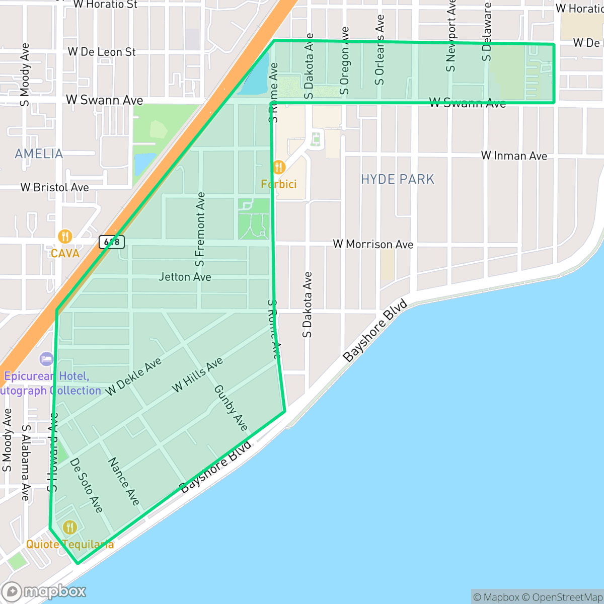 Map showing the location of Historic Hyde Park North Neighborhood, Tampa, FL