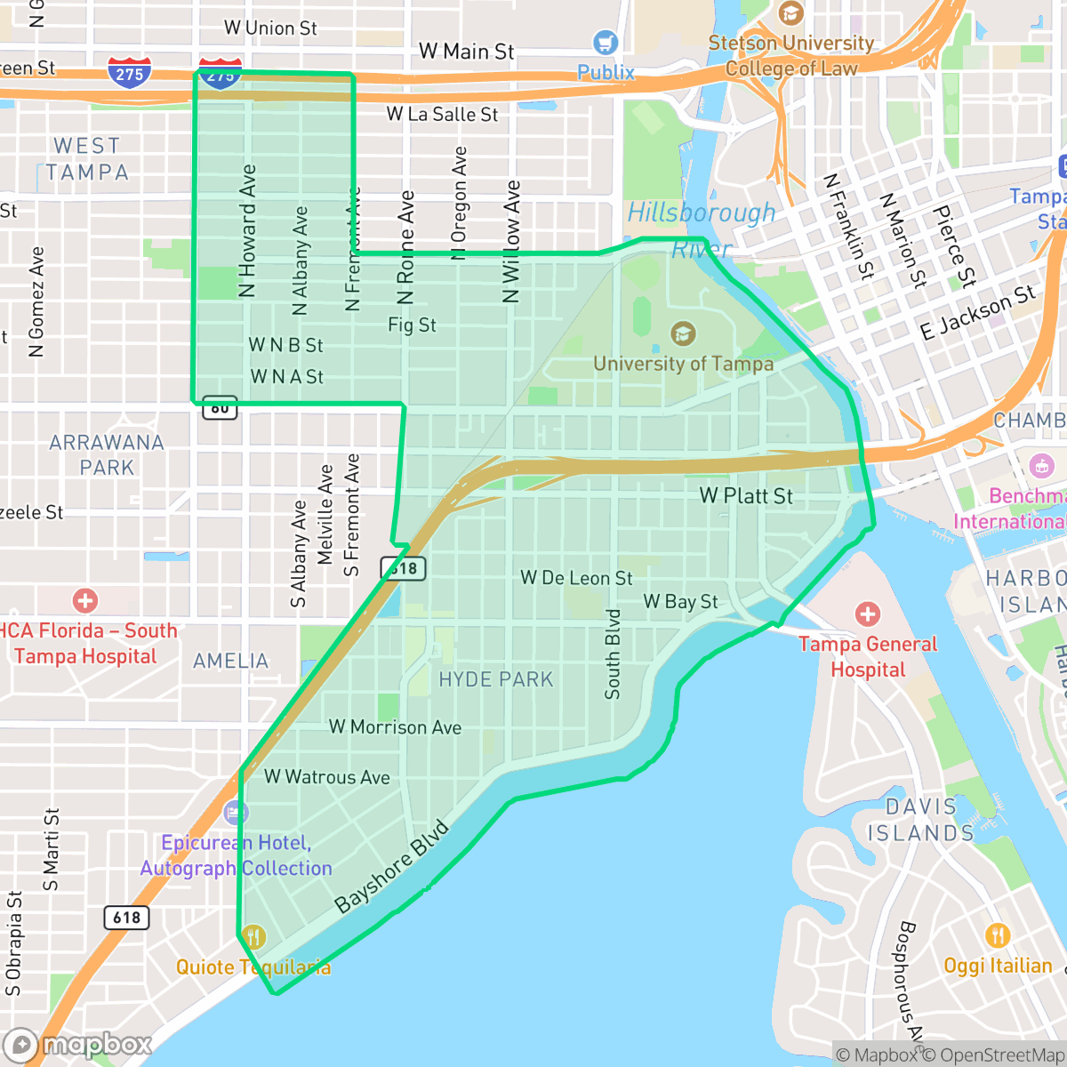 Map showing the location of North Hyde Park, Tampa, FL
