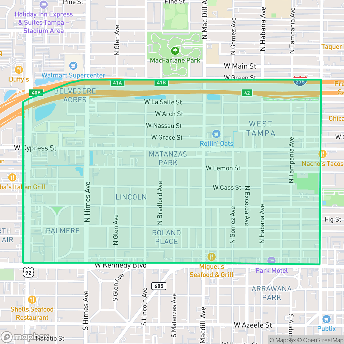 Map showing the location of Oakford Park, Tampa, FL
