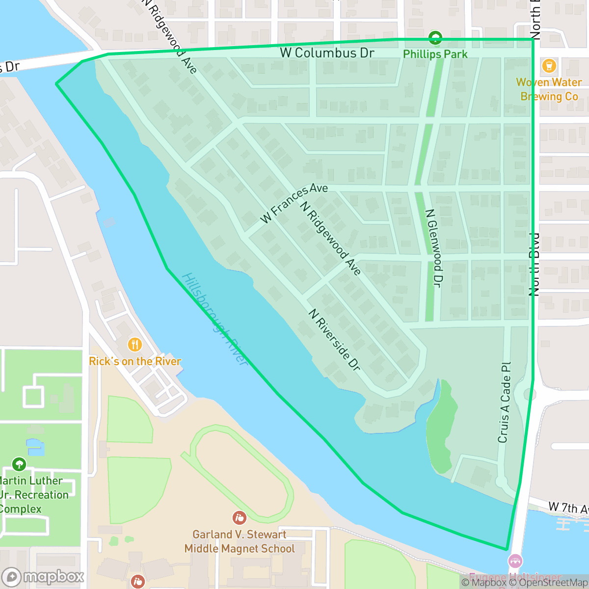 Map showing the location of Ridgewood Park, Tampa, FL