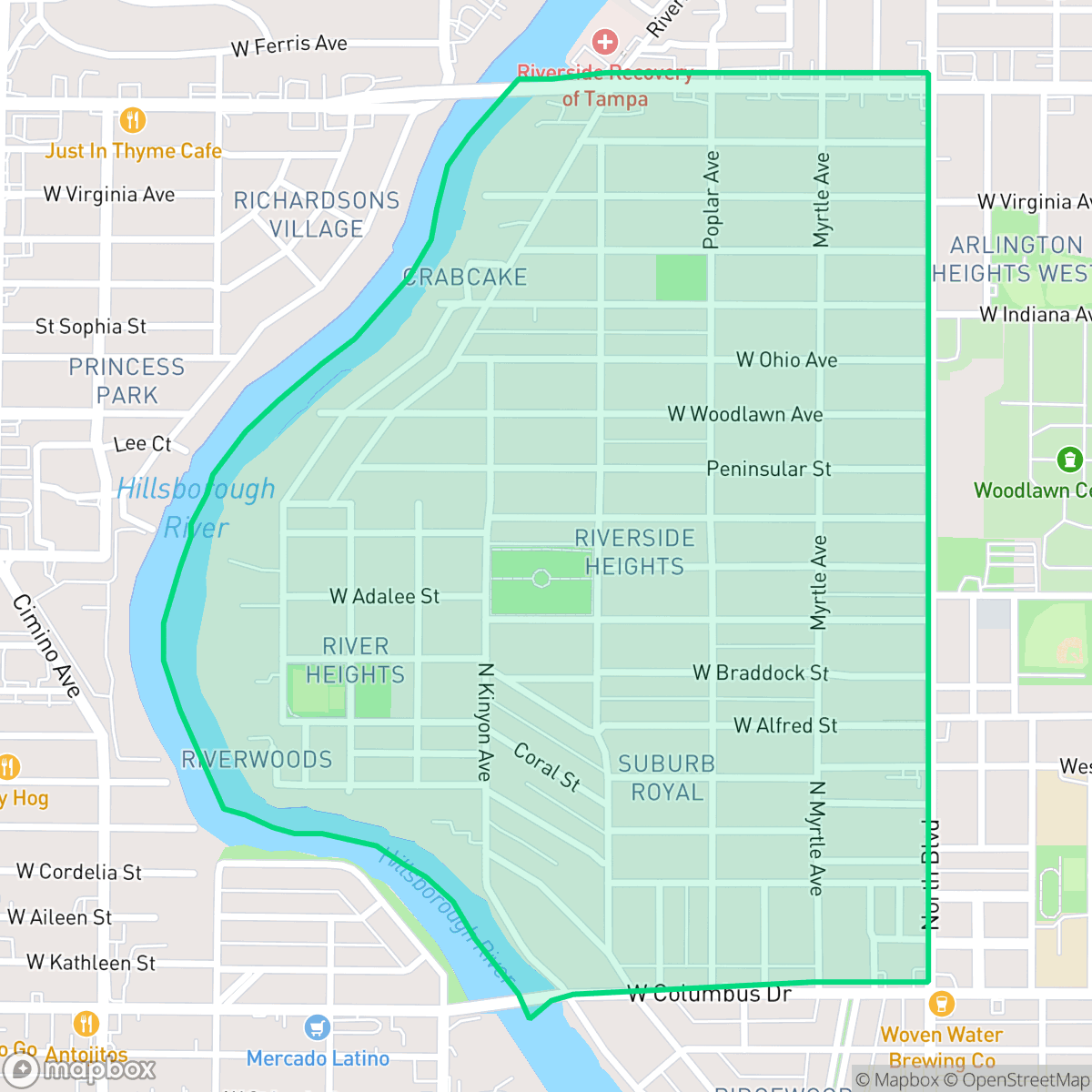 Map showing the location of Riverside Heights, Tampa, FL