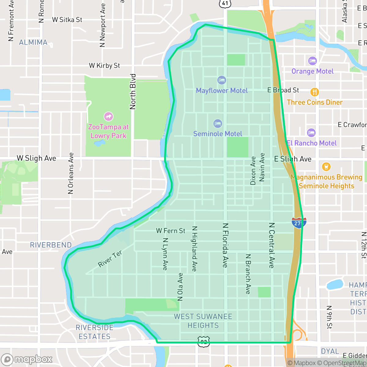 Map showing the location of Seminole Heights, Tampa, FL