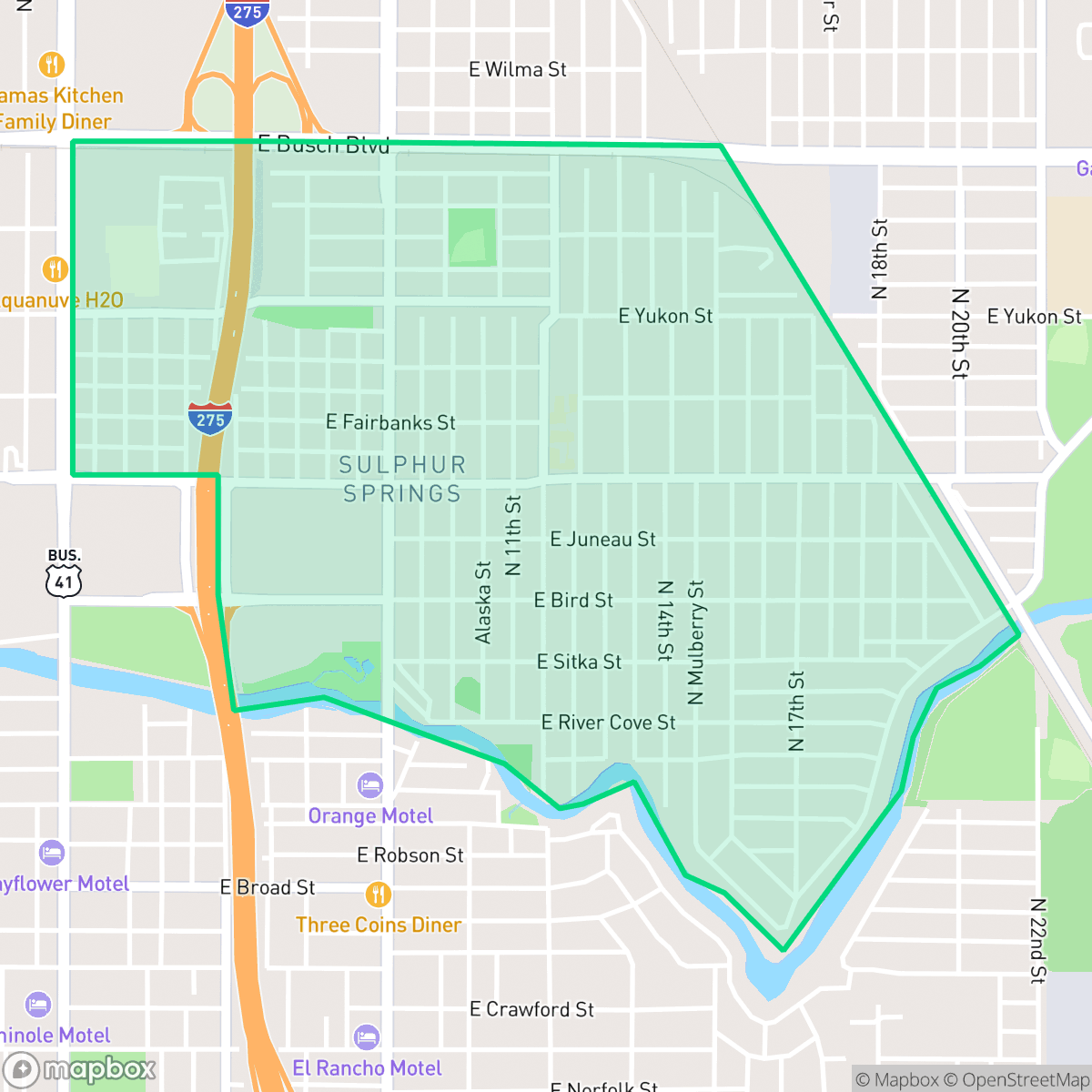 Map showing the location of Sulphur Springs, Tampa, FL