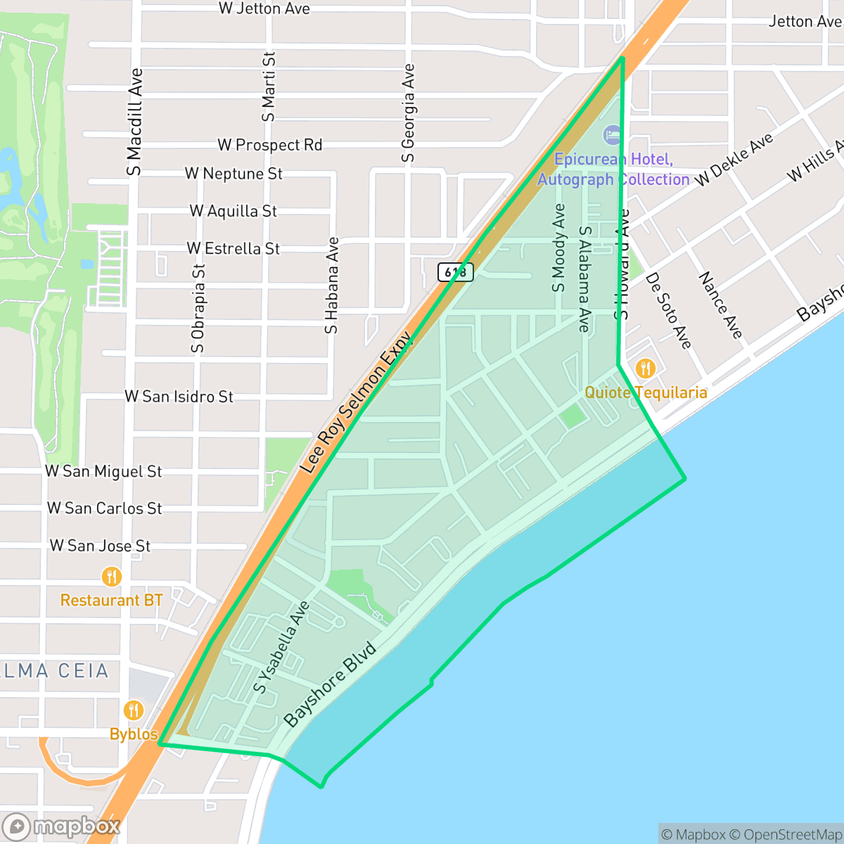 Map showing the location of Tampa-Bayshore Gardens, Tampa, FL