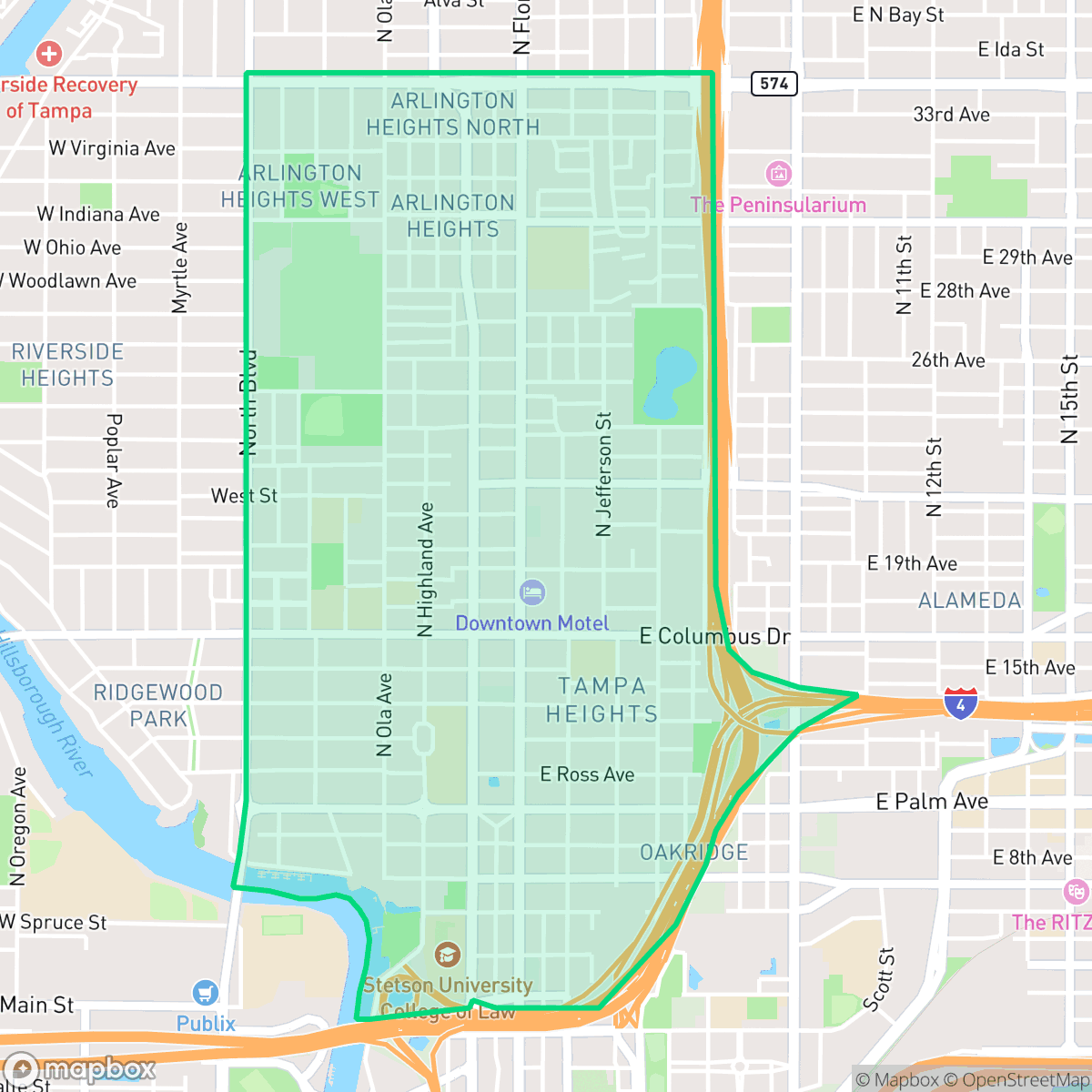 Map showing the location of Tampa Heights, Tampa, FL