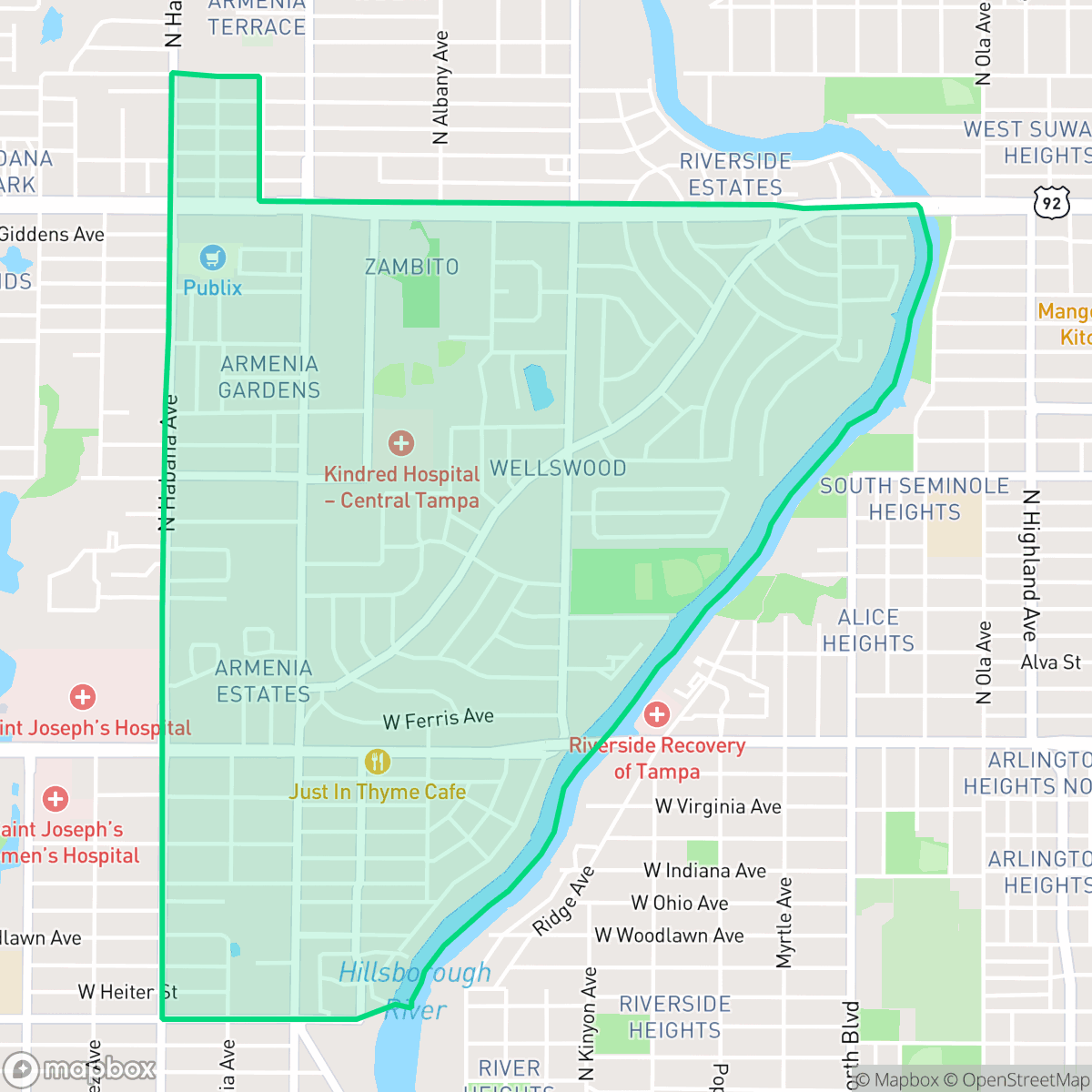 Map showing the location of Wellswood, Tampa, FL