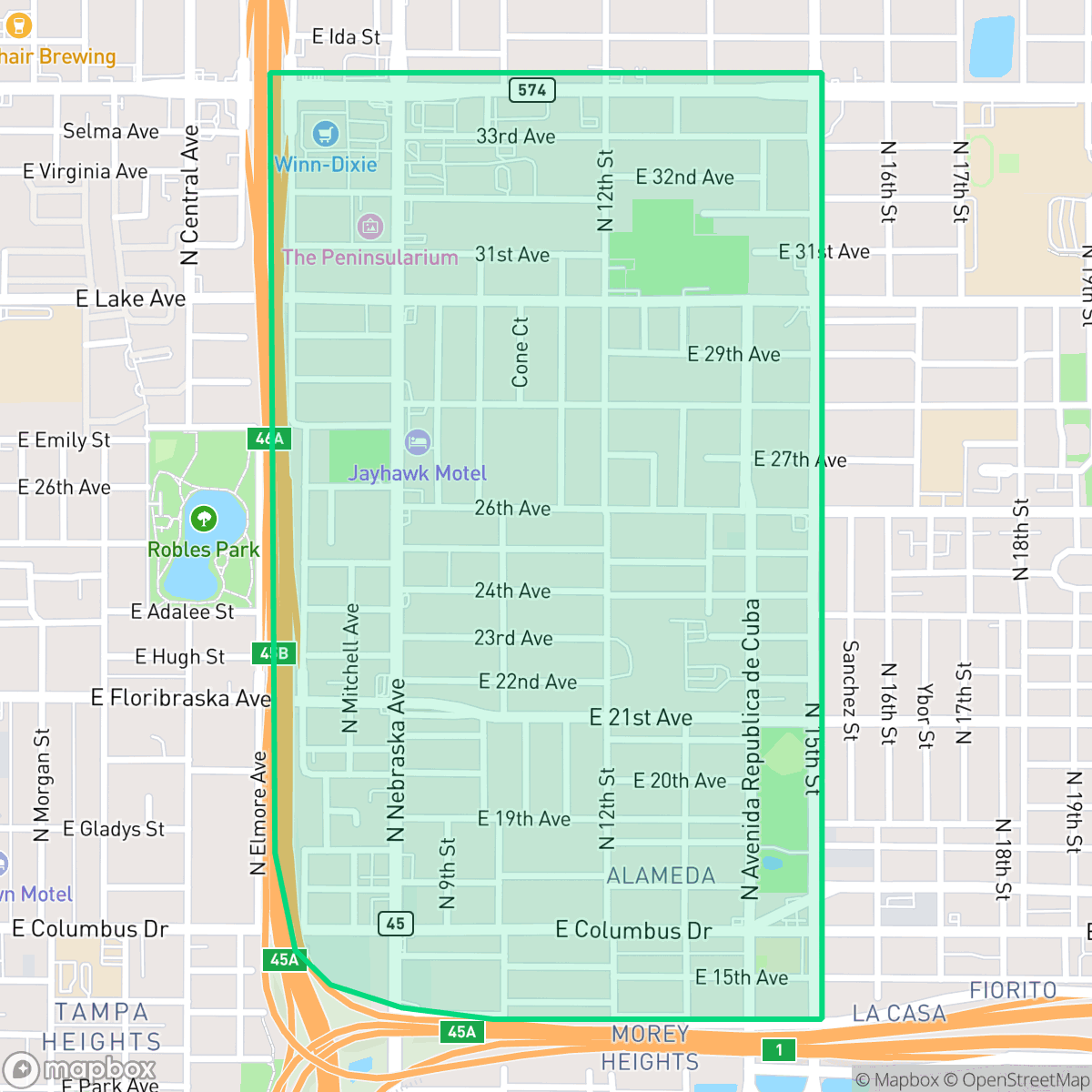 Map showing the location of Ybor City, Tampa, FL