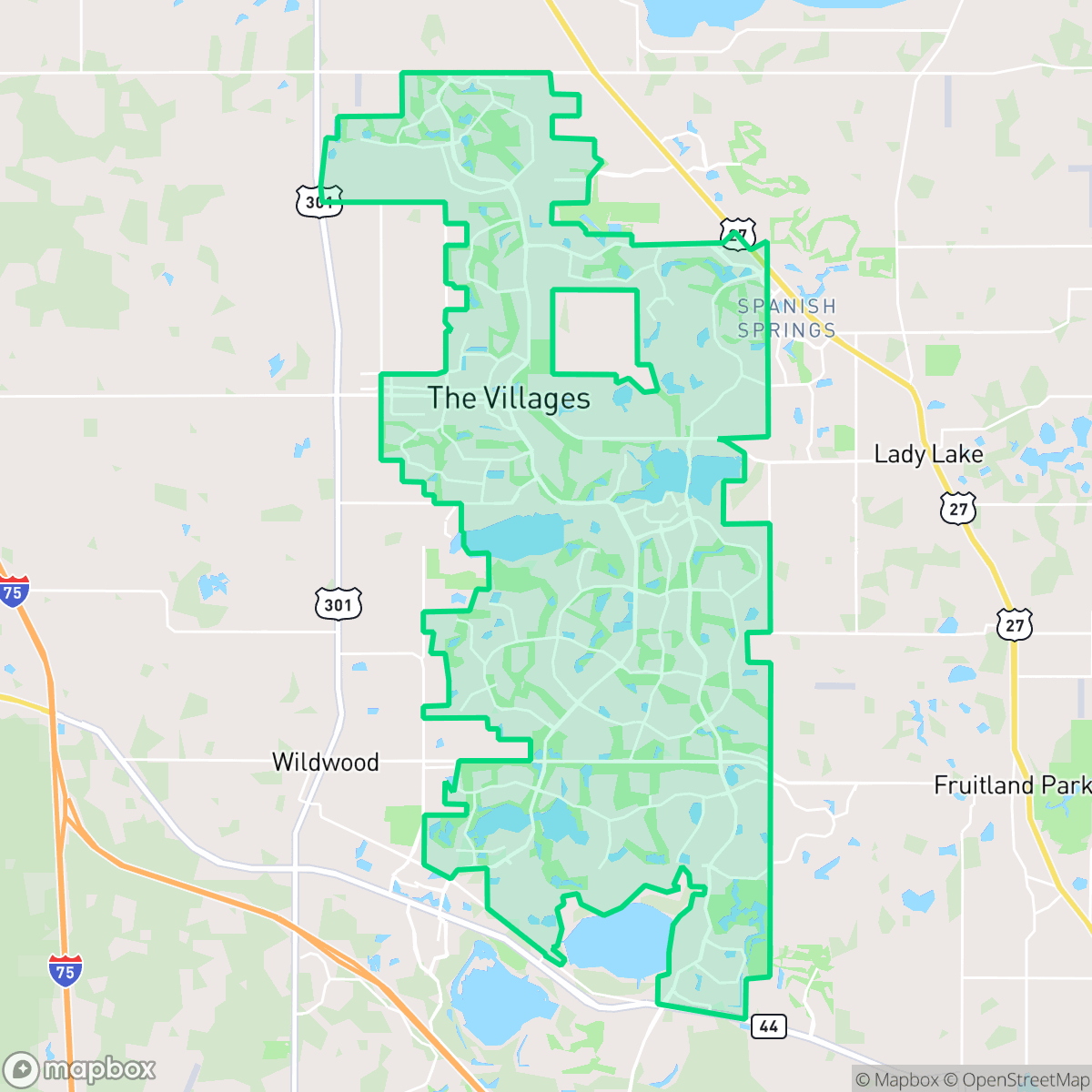 Map showing the location of The Villages, FL — coverage area