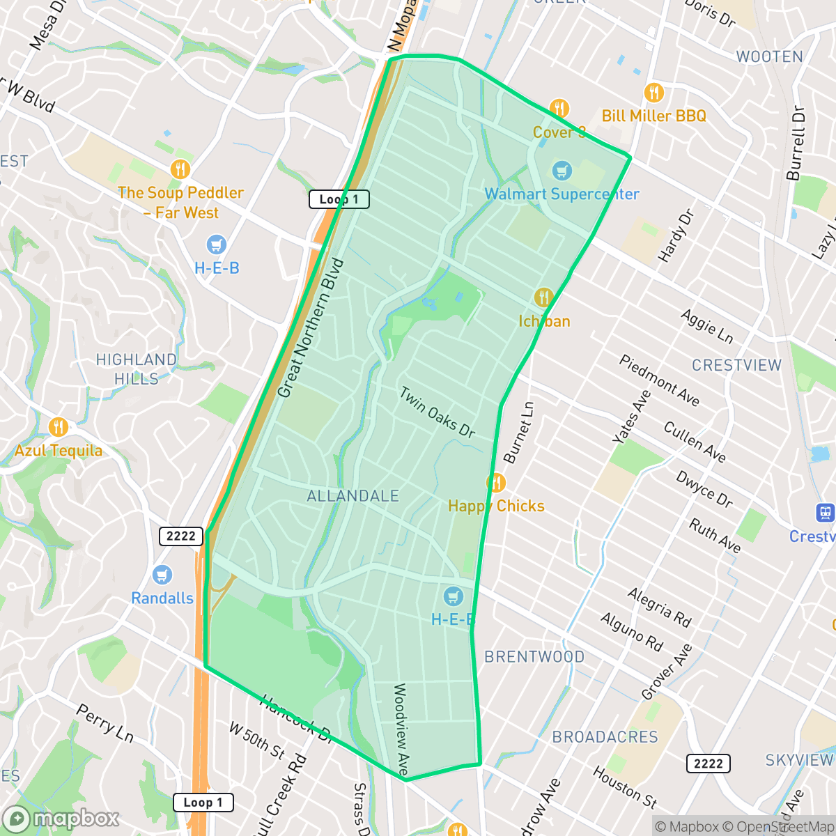 Map showing the location of Allandale, Austin, TX