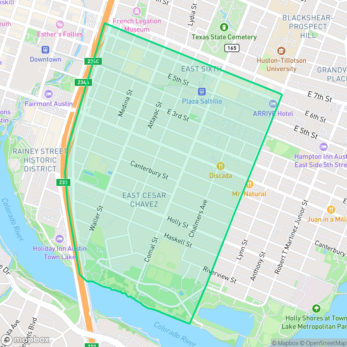 Map showing the location of East Cesar Chavez, Austin, TX