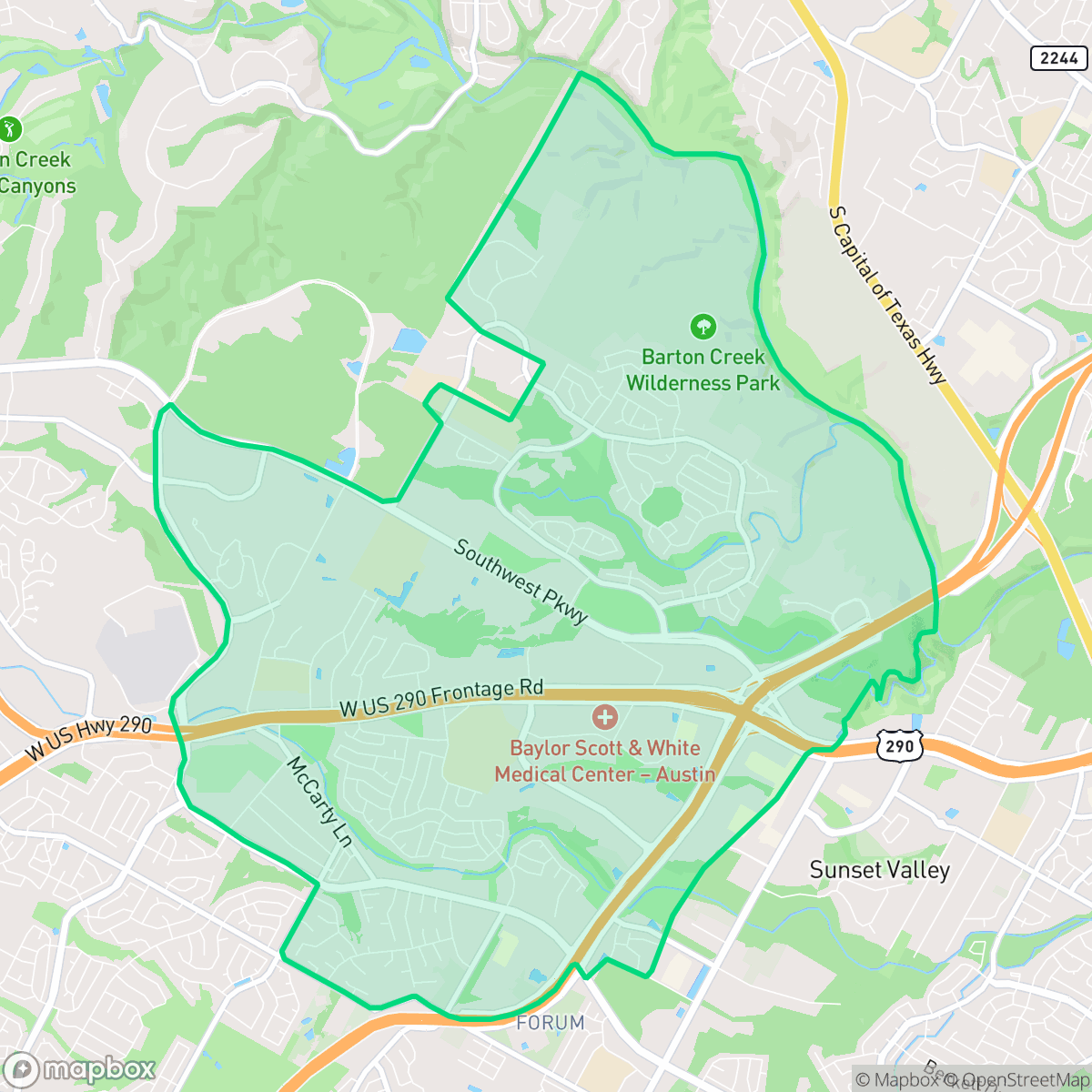 Map showing the location of East Oak Hill, Austin, TX