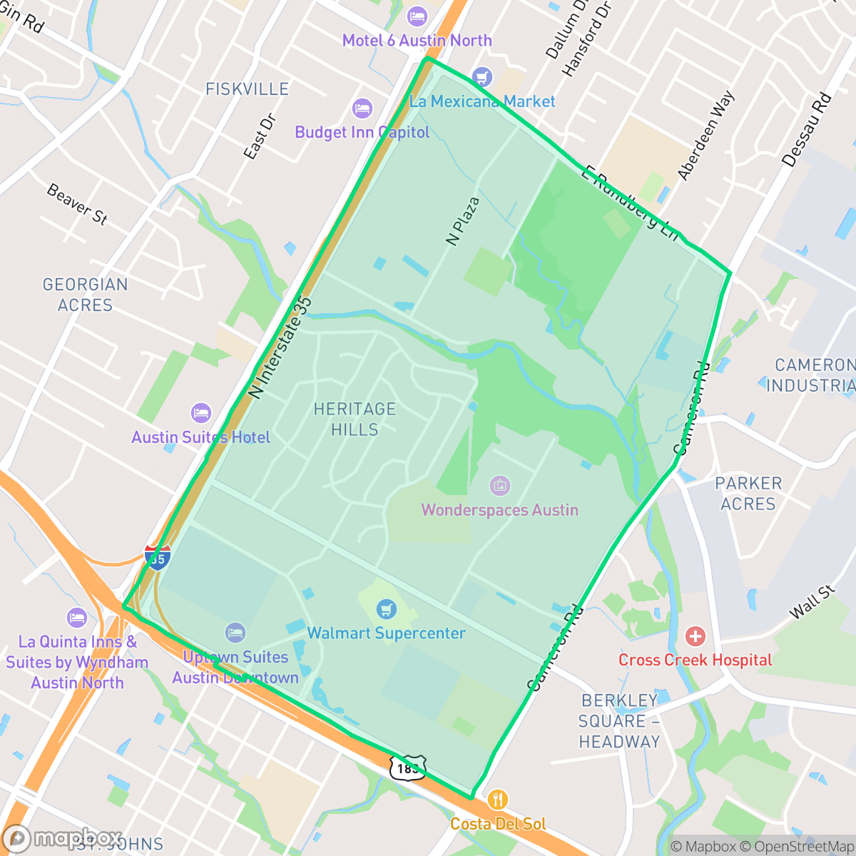 Map showing the location of Heritage Hills, Austin, TX