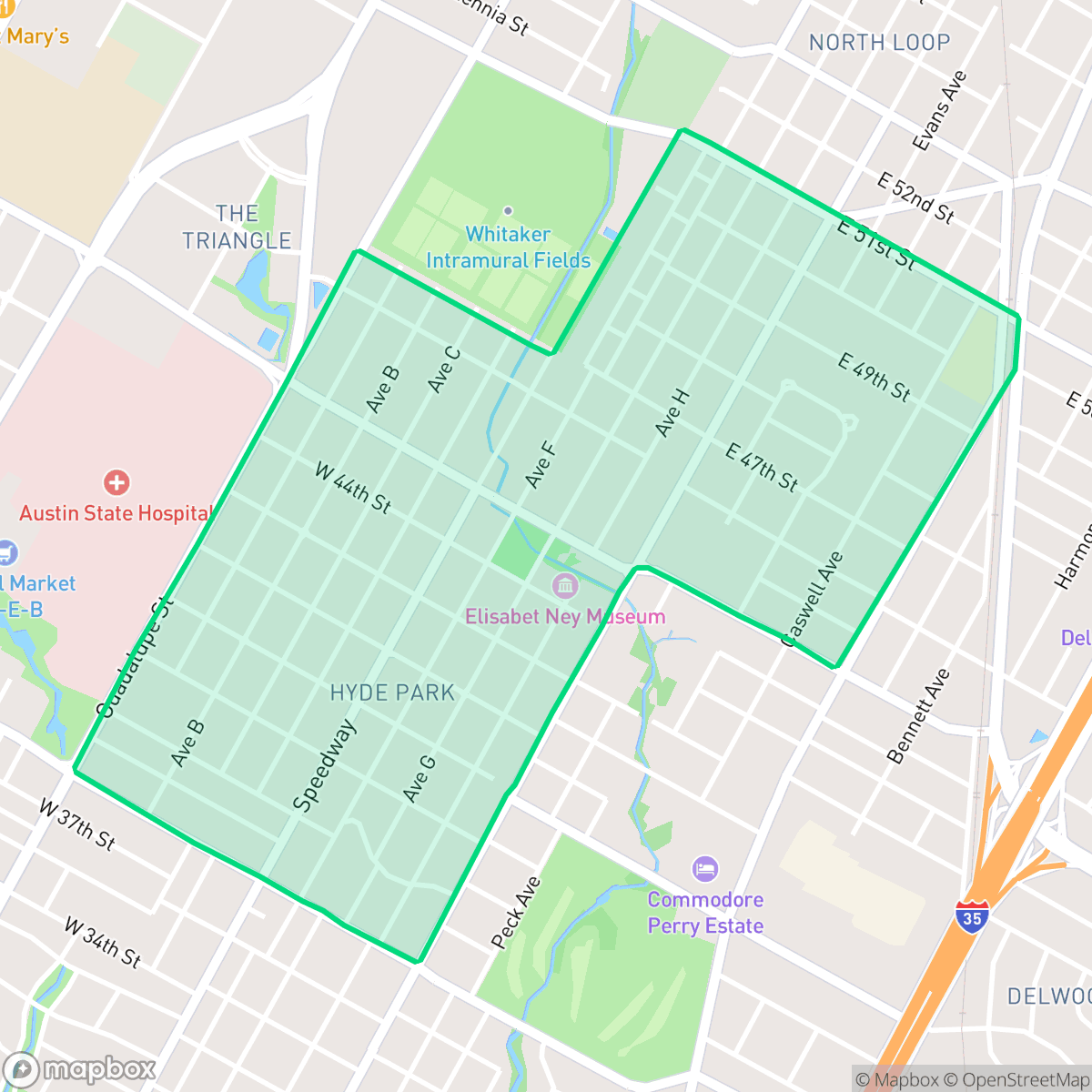 Map showing the location of Hyde Park, Austin, TX