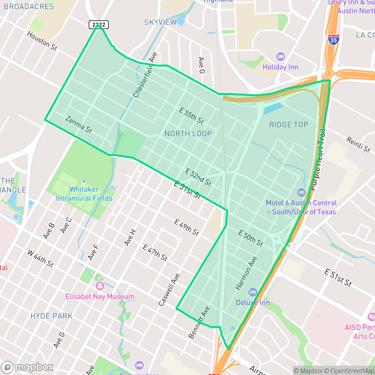 Map showing the location of North Loop, Austin, TX