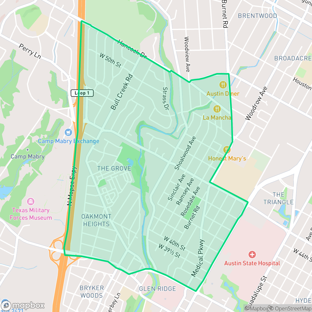 Map showing the location of Rosedale, Austin, TX