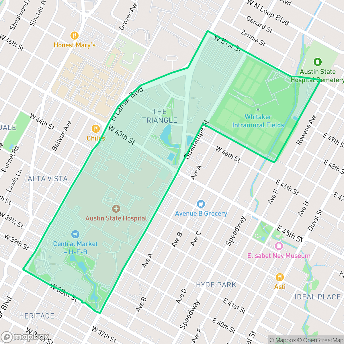 Map showing the location of Triangle State, Austin, TX