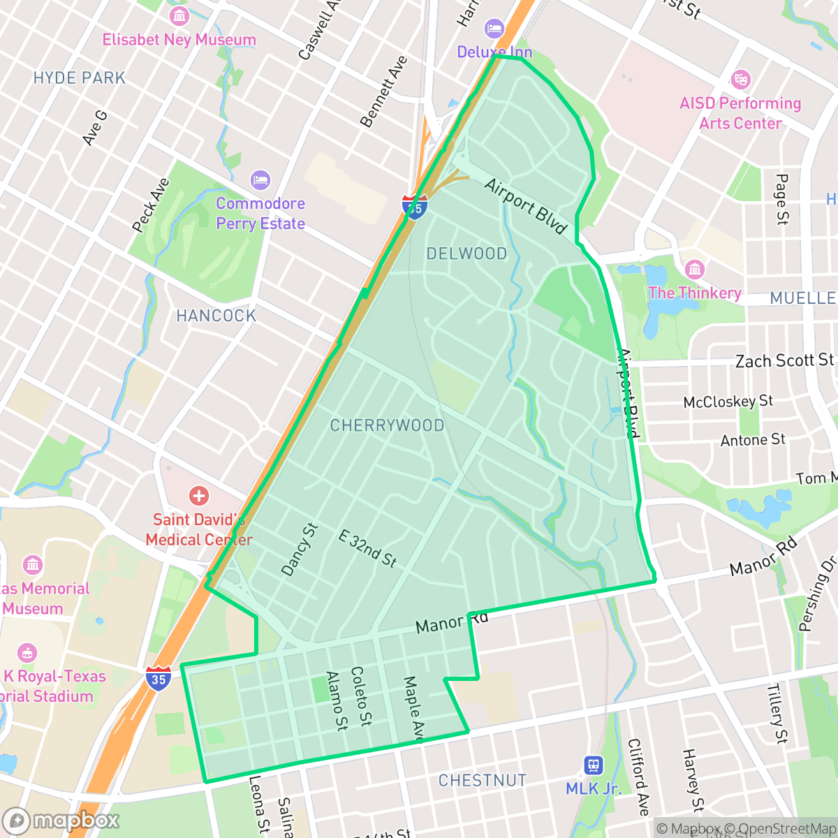 Map showing the location of Upper Boggy Creek, Austin, TX