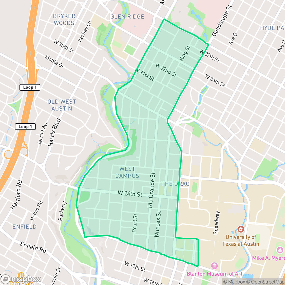 Map showing the location of West University, Austin, TX