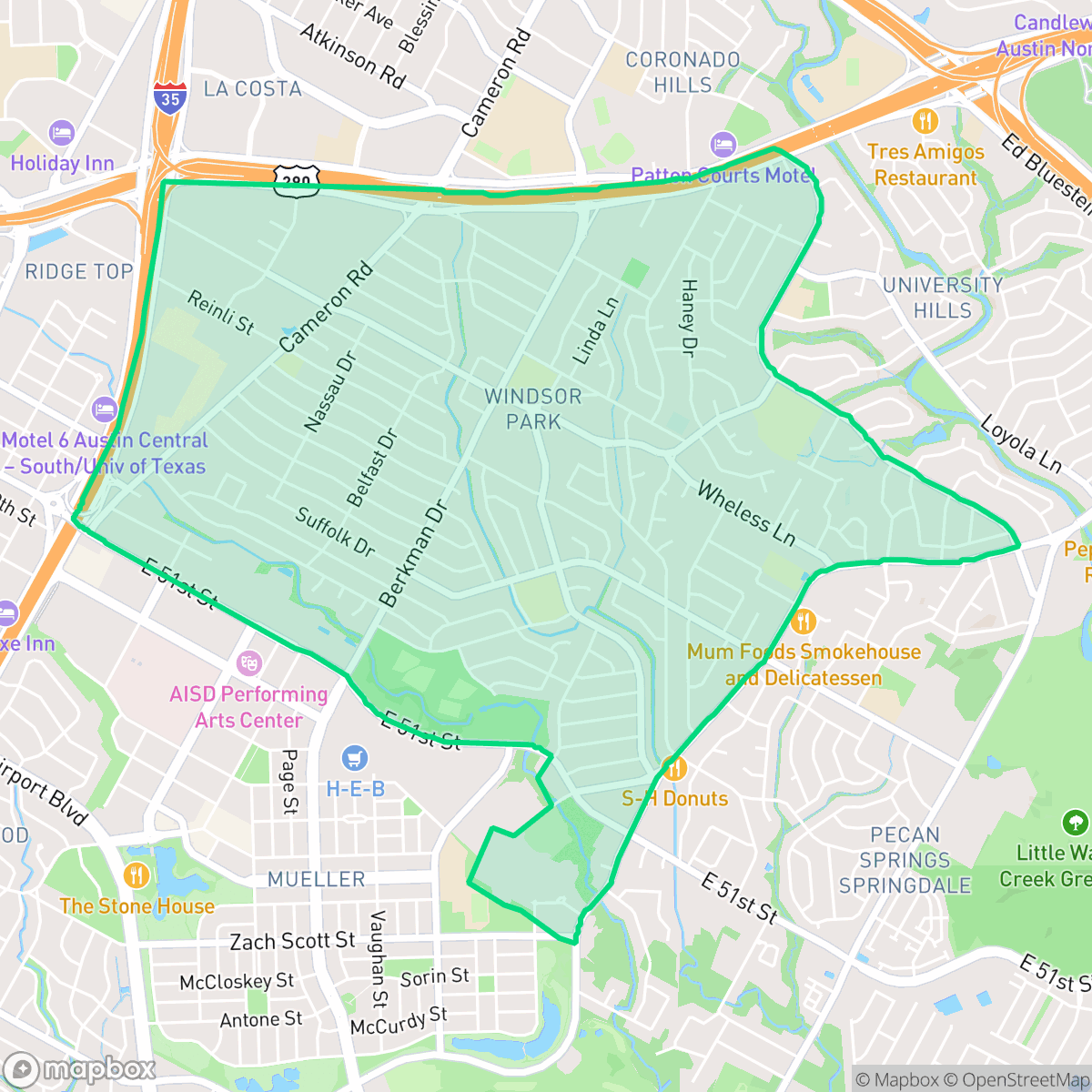 Map showing the location of Windsor Park, Austin, TX