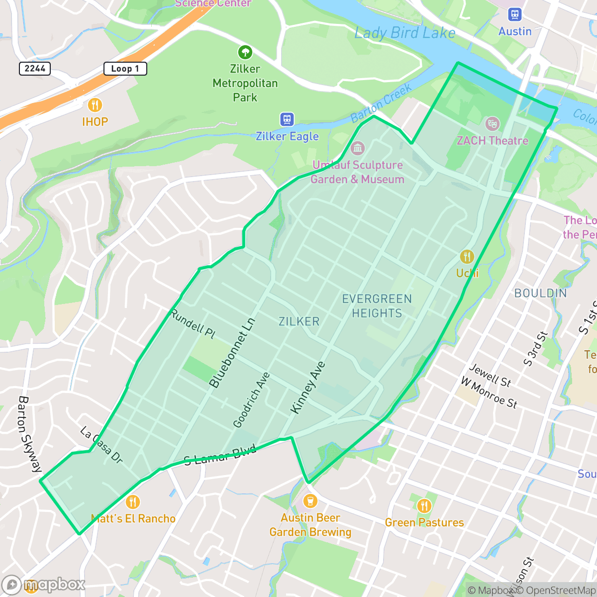 Map showing the location of Zilker, Austin, TX