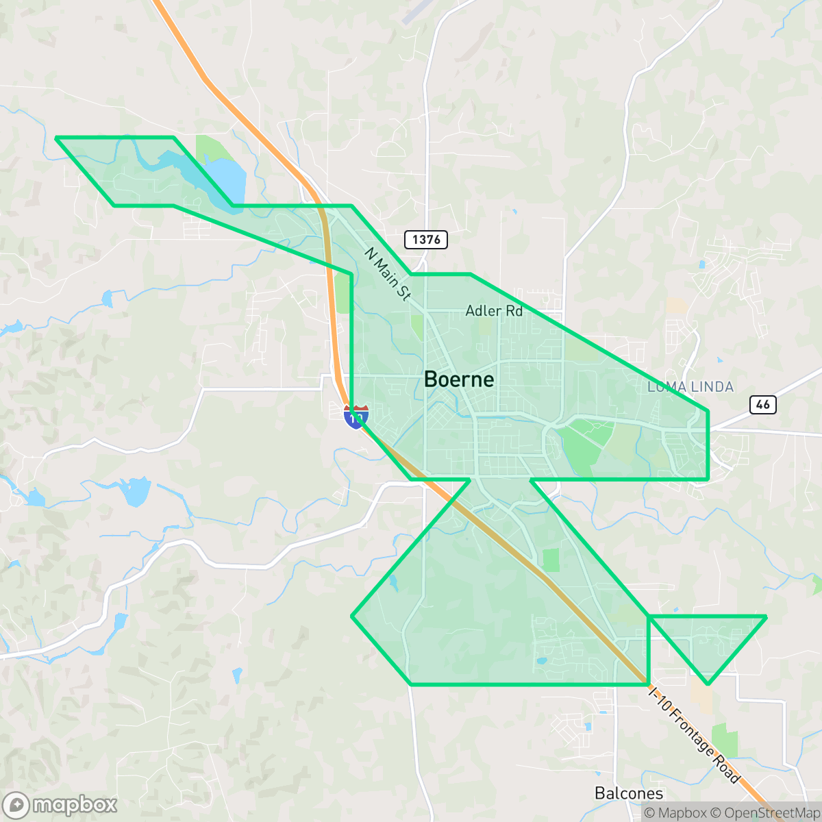Map showing the location of Boerne, TX — coverage area