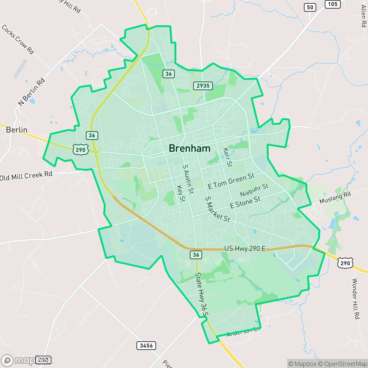 Map showing the location of Brenham, TX — coverage area