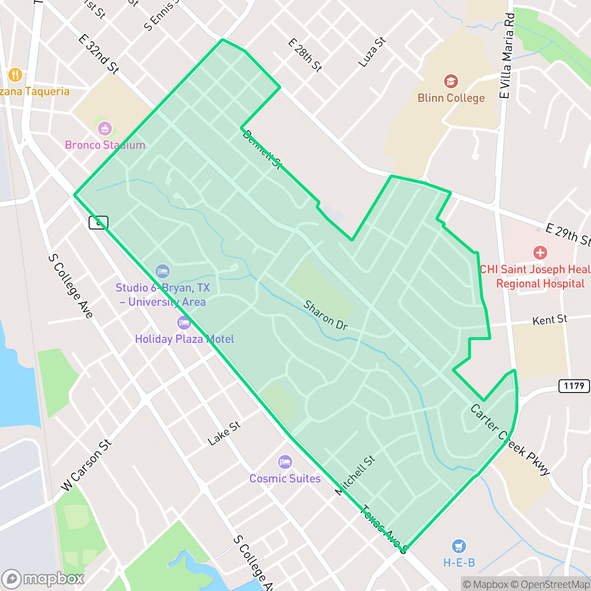 Map showing the location of Upper Burton Creek, Bryan, TX