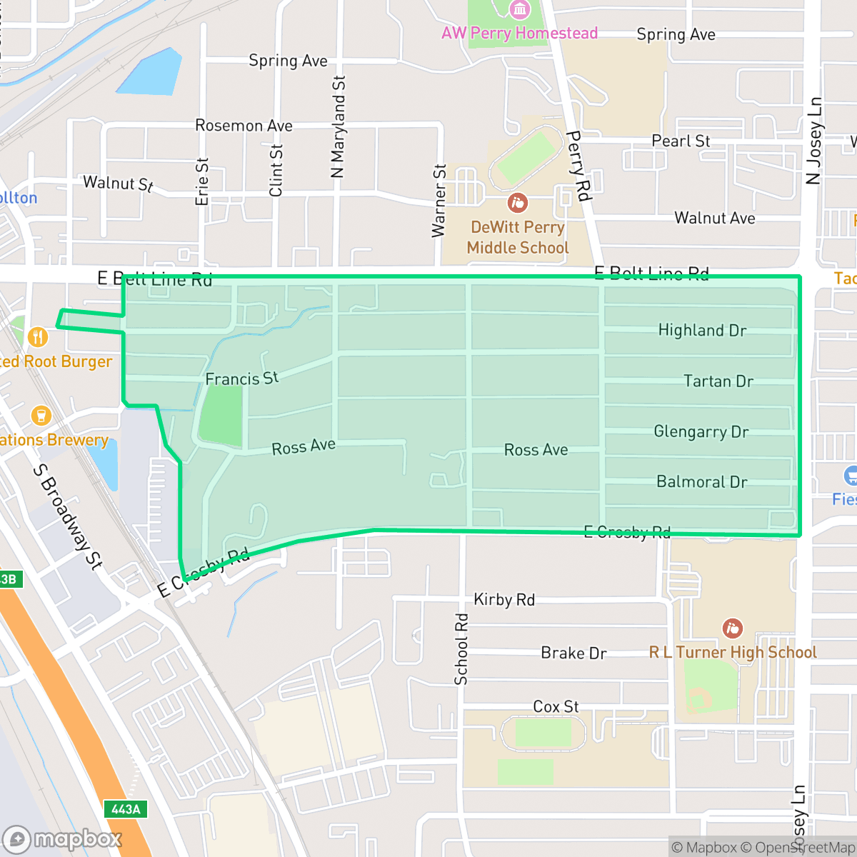 Map showing the location of Carrolton Highlands, Carrollton, TX