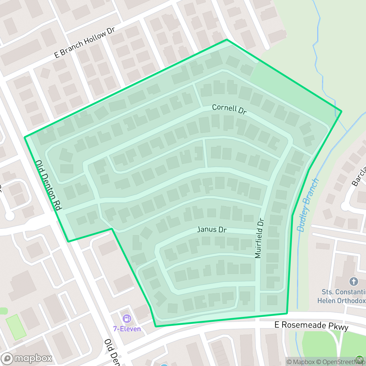 Map showing the location of Rosemeade Heights, Carrollton, TX