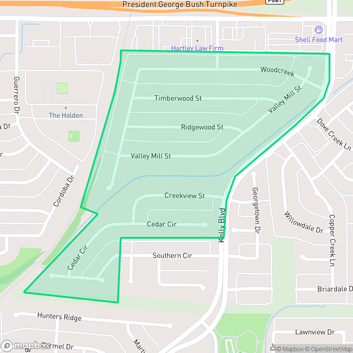 Map showing the location of Woodcreek, Carrollton, TX