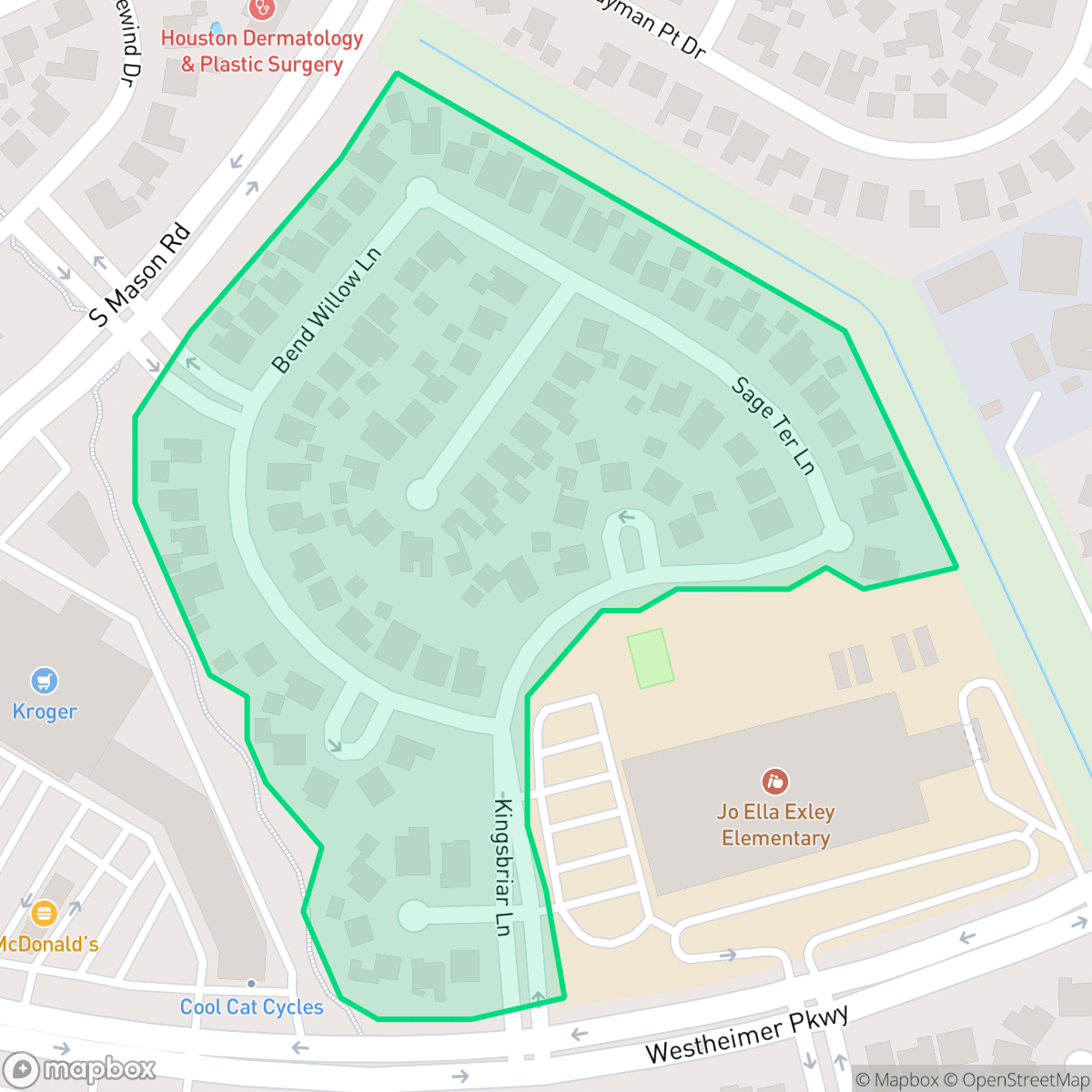 Map showing the location of Meadow Green, Cinco Ranch, TX