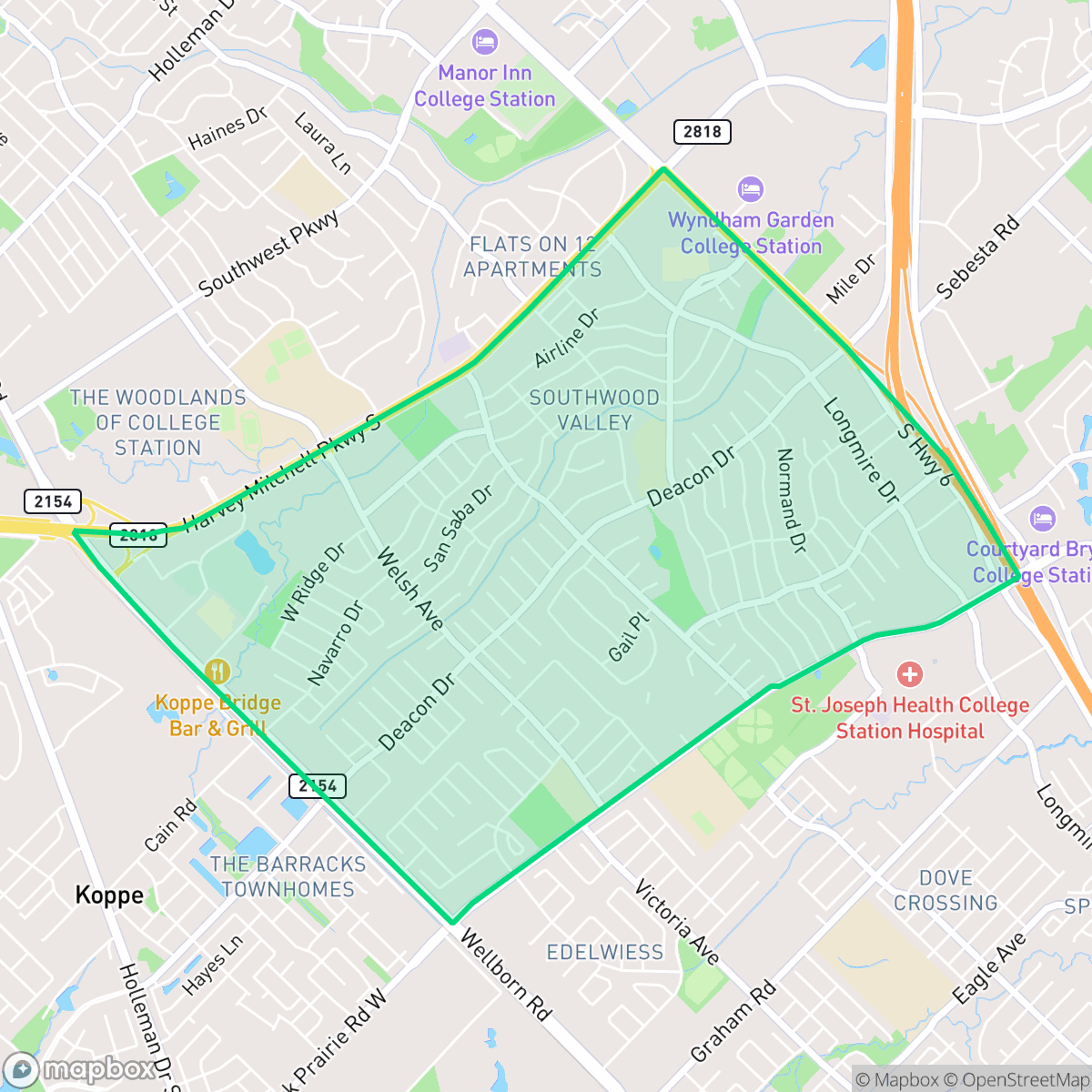 Map showing the location of Central College Station, College Station, TX