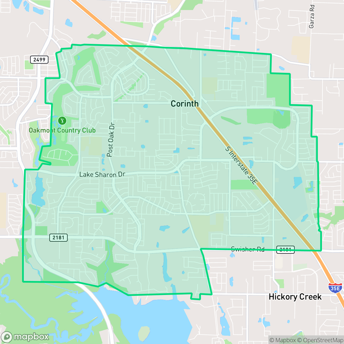 Map showing the location of Corinth, TX — coverage area