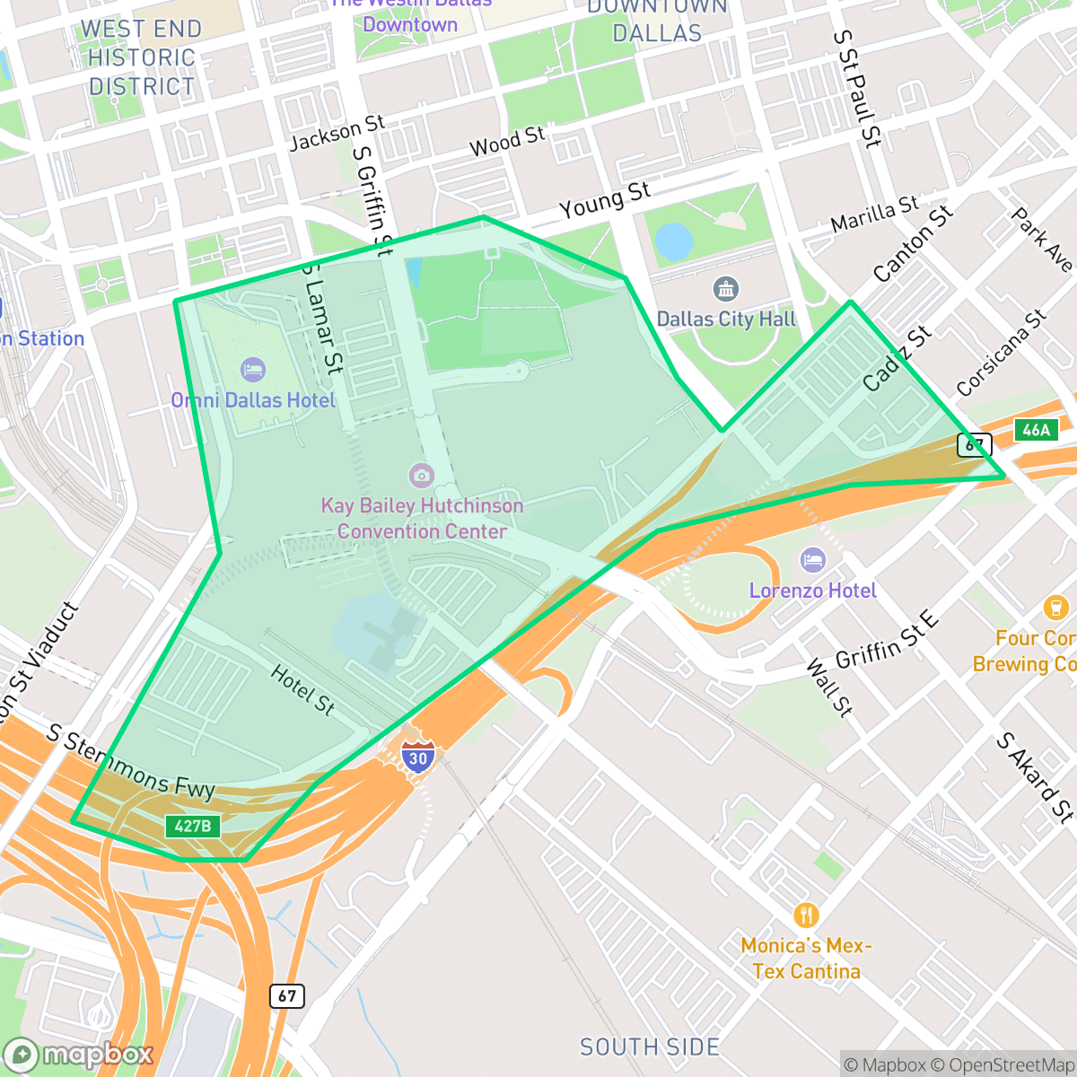 Map showing the location of Convention Center District, Dallas, TX