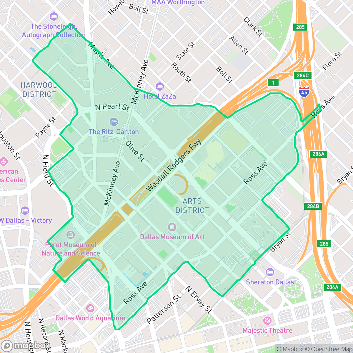 Map showing the location of Klyde Warren Park-Arts District PID, Dallas, TX