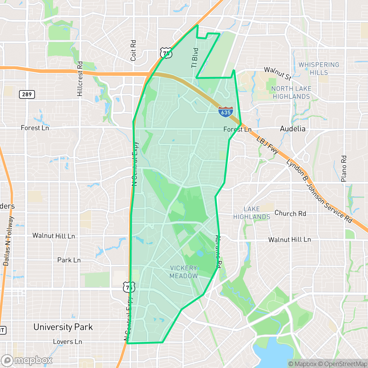 Map showing the location of Lake Highlands, Dallas, TX