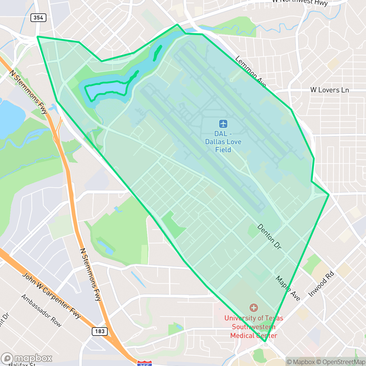 Map showing the location of Love Field Area, Dallas, TX