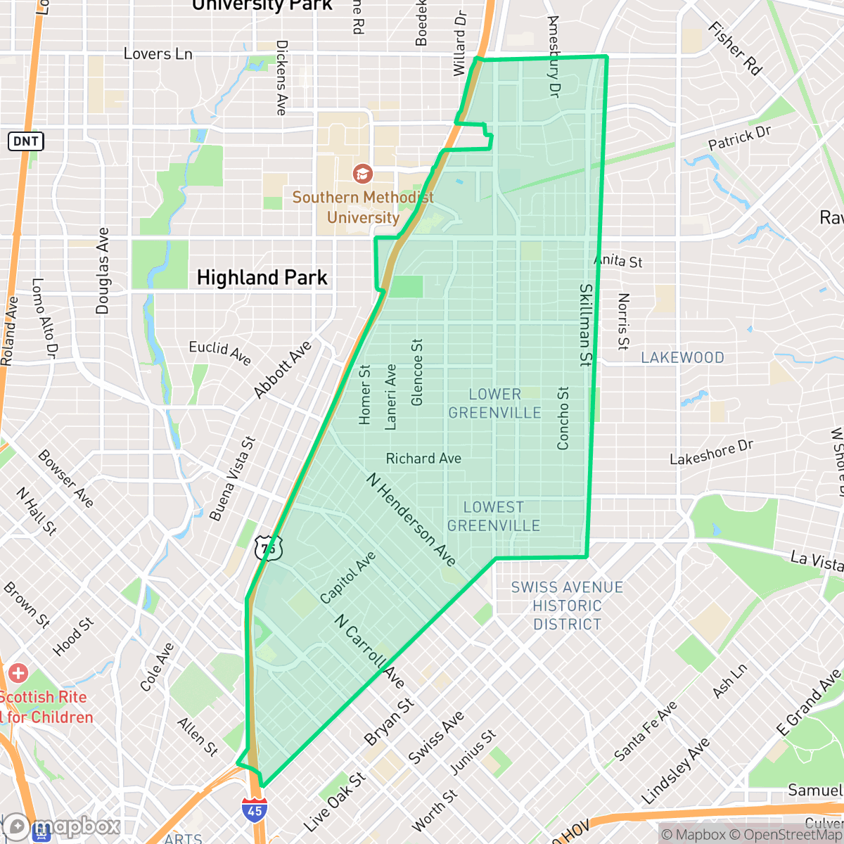 Map showing the location of M Streets, Dallas, TX