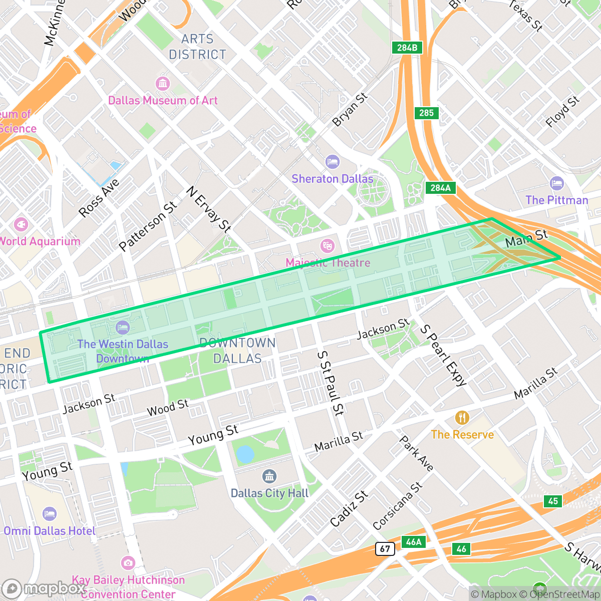 Map showing the location of Main Street District, Dallas, TX