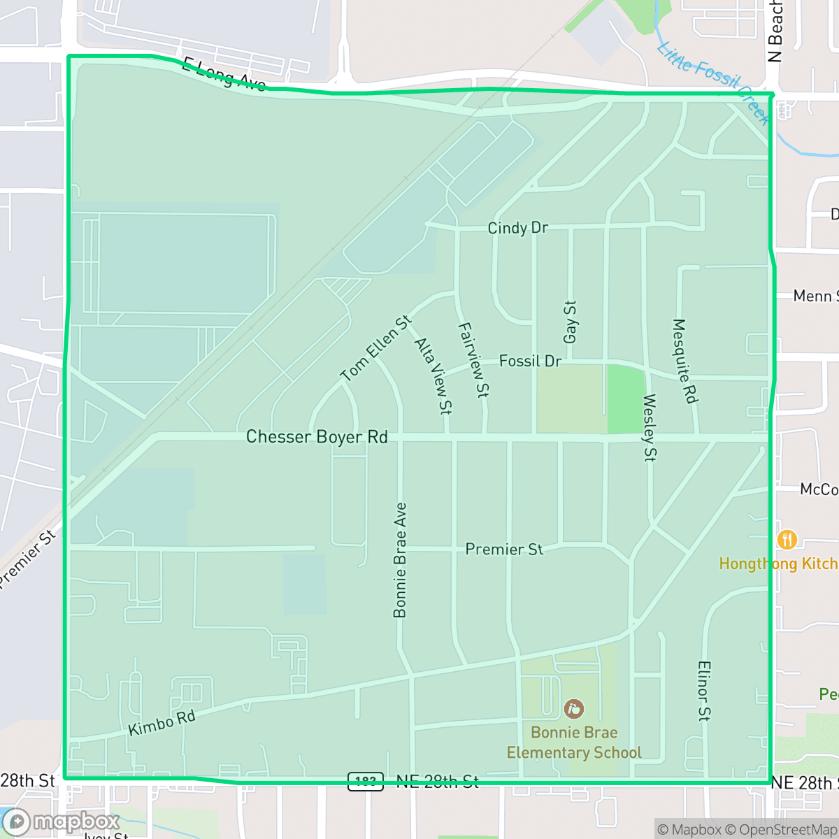 Map showing the location of Bonnie Brae, Fort Worth, TX